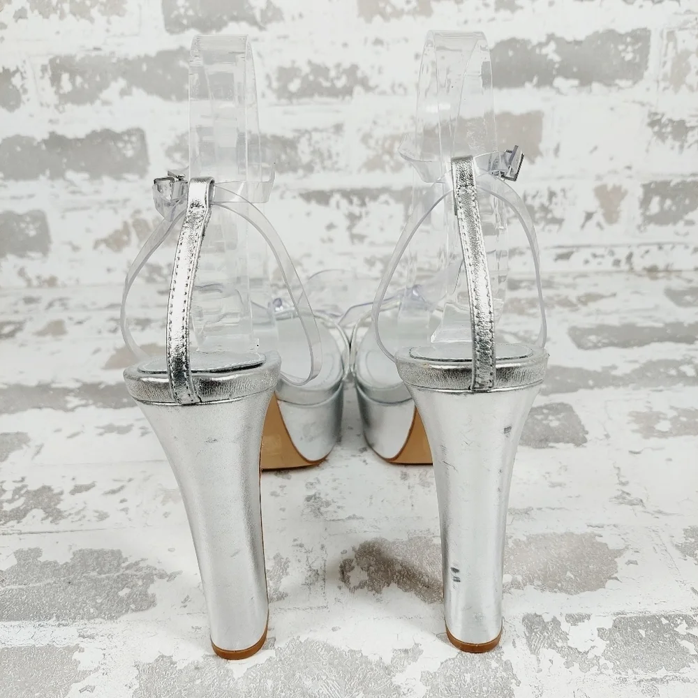 NEW SCHUTZ Silver Leather Platform High Heel Buckle Ankle Strap Sandals W491 - Picture 6 of 14